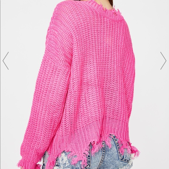 Hot Pink Popcorn Distressed V Neck Sweater - Picture 3 of 3
